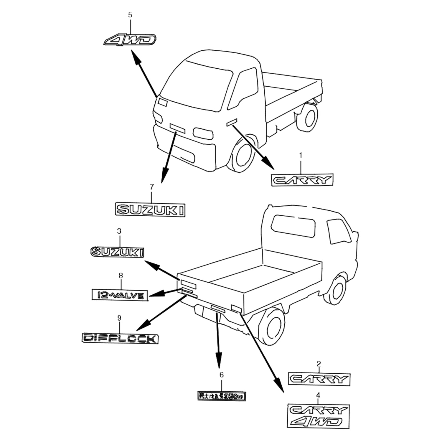 Suzuki Carry DC51T DD51T F6A Badge Decal 77811-51F00-N82 77813-51F00-0NS 77861-54F00-0NS 28421-85600-23E 79131-51F00-35T 77813-51F00-0NS Kei Truck Garage Sydney Australia